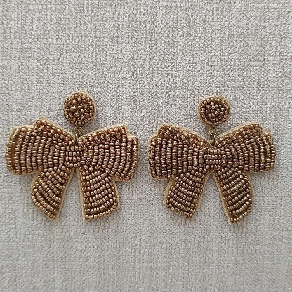 Gold Beaded Bow Pierced Drop Earrings